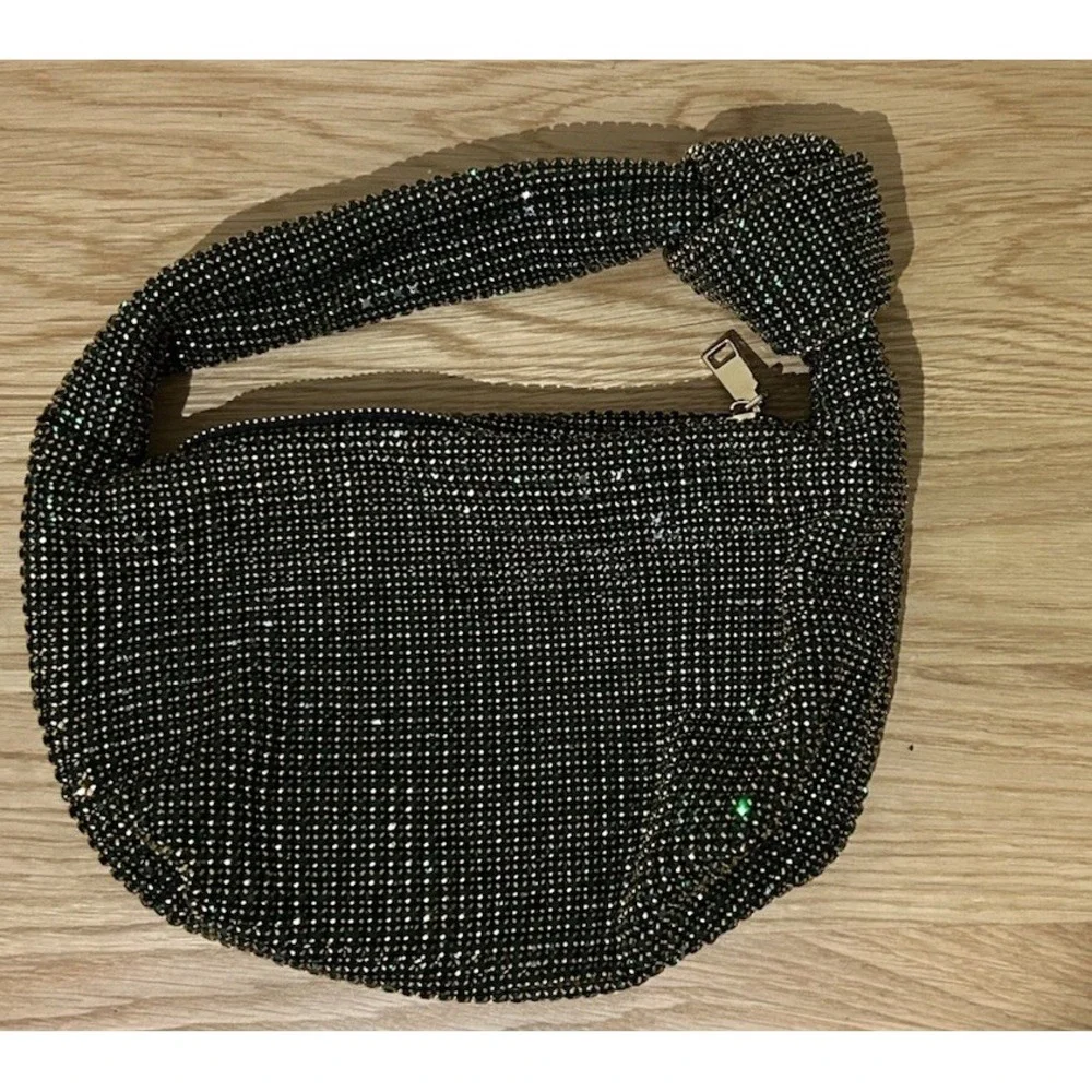 Madison West Knotted Emerald Green Rhinestone Gold Tone Dumpling Evening Handbag